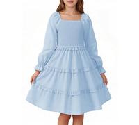 JiAmy Vestito da ragazza a maniche lunghe per bambini a strati con volant abiti da festa smock collo quadrato primavera autunno abbigliamento per bambini per 4-12 anni, Azzurro, 11-12 Anni