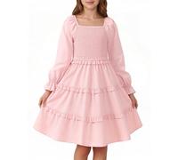 JiAmy Vestito da ragazza a maniche lunghe per bambini a strati con volant abiti da festa smock collo quadrato primavera autunno abbigliamento per bambini per 4-12 anni, rosa, 7-8 Anni