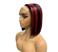JIANBOHAIRS Parrucca da 8 pollici Bob capelli umani con riflessi parrucca frontale in pizzo diritto per le donne, densità 200 per capelli lunghi (nero con rosso, 5 x 5)