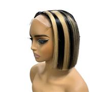JIANBOHAIRS Parrucca da 8 pollici Bob capelli umani con riflessi parrucca frontale in pizzo diritto per le donne, densità 200 per capelli lunghi (nero con 30,5 x 5)