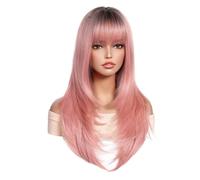 JIANBOHAIRS Parrucca lunga e liscia da 61 cm (24 pollici) per donna, parrucca sintetica sfumata con frangia per l'uso quotidiano per capelli Thinning (Pink)