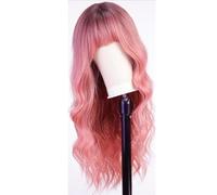 JIANBOHAIRS Parrucche a onda lunga da 26 pollici, parrucche ricce sintetiche resistenti al calore con frangia for donna for Thinning Hair(1B/Pink)