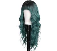 JIANBOHAIRS Parrucche a onda lunga da 26 pollici, parrucche ricce sintetiche resistenti al calore con frangia for donna for Thinning Hair(Ombre Green)