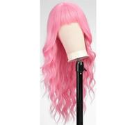 JIANBOHAIRS Parrucche a onda lunga da 26 pollici, parrucche ricce sintetiche resistenti al calore con frangia for donna for Thinning Hair(Light Pink)