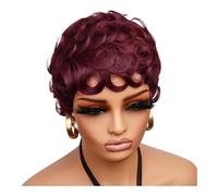 JIANBOHAIRS Parrucche Pixie Cut Ricce da 6 pollici in Capelli Umani for Donne, Parrucche for Feste Cosplay Senza Colla con Onda Profonda e Frangia, da Indossare Ogni Giorno for Thinning Hair(WINE RED)