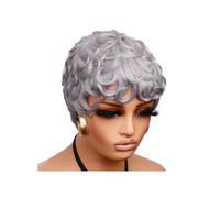 JIANBOHAIRS Parrucche Pixie Cut Ricce da 6 pollici in Capelli Umani for Donne, Parrucche for Feste Cosplay Senza Colla con Onda Profonda e Frangia, da Indossare Ogni Giorno for Thinning Hair(Grey)