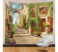JIANGLANY Arazzo con vista stradale, città rinascimentale con portico fiorito e vecchia casa in mattoni in strada in uno scenario italiano, arazzo da appendere alla parete per soggiorno, camera da