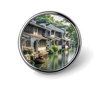 Jiangnan Water Towns - Spilla rotonda in metallo personalizzata, adatta per abbigliamento, borse, cappelli, spilla stampata umoristica, decorazione per feste, accessori per uomini e donne