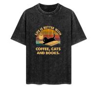 JiangXiaoYu Life is Better with Coffee Cats And Books Cat Lover Gift T-Shirt Unisex Black Tee S