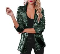 JIANROU Blazer da donna con paillette, casual, da lavoro, trench, a maniche lunghe, leggera, giacca incrociata, blazer da donna, classica con glitter, verde, XXL