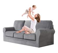 Jianyana Copridivano in Velluto Con Schienali Separati E Cuscini Seduta, Antiscivolo Con Fascia Elastica, Elasticizzato Antimacchia (Grigio Chiaro, 3 Posti) 7 Pezzi