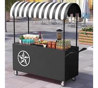JIAOCKJIAO Bancarella Portatile con Tettoia a Strisce, Espositore Mobile per Alimenti con Ruote Bloccabili, Venditore Ambulante di Cibo In Ferro per Mercati, Eventi(Black,120cm/47.2in)