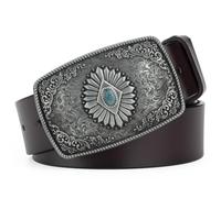 JIARY Cintura Uomo, Cintura da Uomo Cowboy Western, Cintura con Motivo Argento con Motivo Cintura Vintage con Fibbia Quadrata Turchese,Marrone,130CM/51.2''