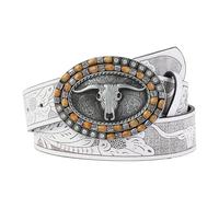 JIARY Cintura Western Donna, Cowboy Cowgirl Cintura in Pelle PU da Donna, Turchese in Rilievo con Fibbie Longhorn Bull,Bianca,100CM/39.4''