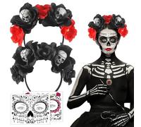 JIASHA 2 Pezzi Fascia per Il Giorno dei Morti, Fascia Messicana Cerchietto di Halloween Cerchietto Giorno dei Morti Rose con Tatuaggi Faccia, per Halloween Carnevale Giorno dei Morti Feste
