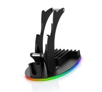 Jiawu Base di Supporto per Controller di Gioco Desktop con Luce RGB per 2, Comodo Organizzatore per Riporre Cuffie e Dischi di Gioco, Supporto Stabile per Gamepad in Materiale ABS per Giocatori