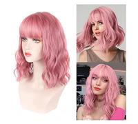 Jiawu Parrucca Riccia, Parrucca Riccia Artificiale Corta Morbida e Traspirante, con Capelli Ondulati con Botto per le Donne, Uso Quotidiano, Feste di Compleanno di Natale (rosa chiaro)
