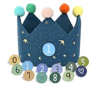 JIAWWAN Corona di Compleanno per Bambini, Coroncina Stoffa Compleanno, Cappellino Corona Bambino con Numeri Intercambiabili da 0 a 9, Coroncina in Tessuto Compleannos per Ragazzi e Ragazze (Blu)