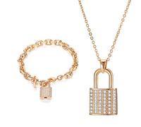 JIAZIB Charm Necklace Christmas Birthday Gifts Copper Rhinestone Lock Twisted Piece Chain Bracelet Two-piece Option for Women Wedding Party (Color : Oro, Size : Necklace)