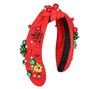 Jicsetk Cerchietto natalizio da donna con perle e strass e fiore impreziosito da un nodo superiore, accessorio per capelli per brutto maglione natalizio, feste e regalo elegante (rosso)