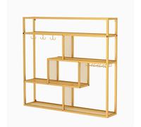 Jidanmian Scaffale portabottiglie in metallo industriale, portabottiglie robusto a 4 ripiani, espositore per bottiglie di vino a parete con 4 ganci in metallo per cucina, dispensa(Gold)