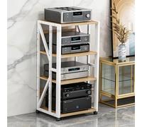Jidanmian Supporto multimediale AV a 4 ripiani con ruote, ripiani audio-video regolabili, supporto per stampante e console di gioco, mobiletto audio stereo bianco per giradischi, DVD e TV Box