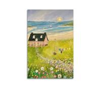 JIDUHON Poster con paesaggio costiero casa dei fiori dipinto a olio con tratti caldi, arte moderna artistica da parete su tela decorativa estetica pittura 50 x 75 cm, senza cornice