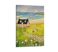 JIDUHON Poster con paesaggio costiero casa dei fiori dipinto a olio con tratti caldi, arte moderna da parete su tela, decorazione estetica artistica da parete, 50 x 75 cm, con cornice