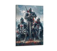 JIDUHON Stampa artistica da parete moderna su tela con immagine di Crusader Epic Style Tre cavalieri in piedi con spada, decorazione artistica da parete, 60 x 90 cm, con cornice