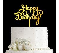 JIEEIN Topper per torta, in acrilico dorato a specchio, Happy Birthday per decorazioni per feste di compleanno, 1,0 unità, colore giallo, 13,2 x 13,5 cm, riutilizzabile, non tossico, topper per torta