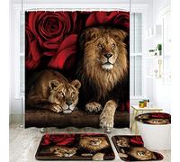 jieprom Set di 4 tende da doccia con rose rosse e leone con tappeti antiscivolo, copertura per coperchio WC e tappetino da bagno, tenda da doccia con animali con 12 ganci, set decorativo per il bagno