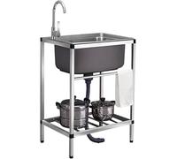 JIESOO Lavello a vasca singola in acciaio inossidabile, con rubinetto con gocciolatoio, 1 scomparto, per garage, ristorante, cucina, lavanderia (rubinetto singolo freddo, 53 x 38 x 75 cm)
