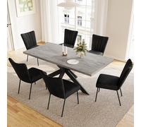 JIEXI Set tavolo da pranzo allungabile con 6 sedie, piano in MDF grigio da 130-170 cm, base in metallo a forma di X, sedie imbottite in flanella nera, per cucina e sala da pranzo