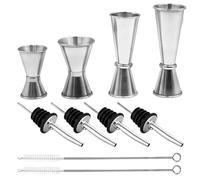 Jigger Cocktail, 4 Pezzi Misurino Doppio per Cocktail in Acciaio Inox 30ml,40ml,50ml,60ml con 4 Tappo Versatore e 2 Spazzola di Pulizia per Bar, Vino, Bevande Barista (Stile B)