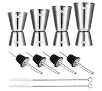 Jigger Cocktail, 4 Pezzi Misurino Doppio per Cocktail in Acciaio Inox 30ml,40ml,50ml,60ml con 4 Tappo Versatore e 2 Spazzola di Pulizia per Bar, Vino, Bevande Barista (Stile A)