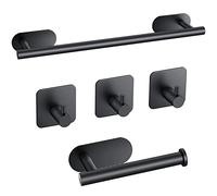 JiGiU Porta Asciugamani Set 5 Pezzi Portasciugamani Bagno Acciaio Inox Set di Accessori da Bagno con 1 Porta Carta Igienica e 3 Ganci Adesivi -Set di Porta Salviette 43CM Autoadesivo - Nero
