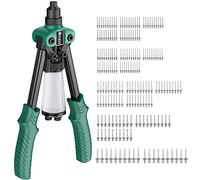 JiGiU Rivettatrici Pinze con 200 Pezzi Rivetti, Pistola a Rivetti Doppio Cuscinetto della Maniglia Rivettatrice Manuale 12" con 5 Ugelli Intercambiabili per Installazione Mobili e Lavori Pesanti-Verde