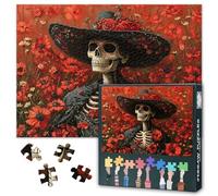 Jigsaw Puzzle con cappello, 1000 pezzi, impossibile sfidare il teschio è nei fiori rossi, puzzle per la decorazione della casa, scheletro e fiori, come regalo per amici di famiglia, 50 cm x 70 cm