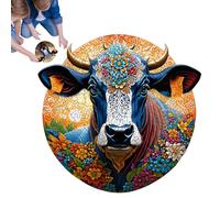 Jigsaw Puzzle - Cow Puzzle | Wooden Toy | Artistic Round Wooden Enigma Featuring Painted Cow's Head with Floral and Abstract Design, Easy To, Perfect For Family Fun, Art Lovers, and Creative