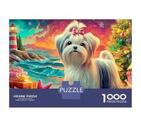 Jigsaw Puzzle Per Adulti E Bambini 1000 Pezzi Cane Maltese da un Faro in un Crepuscolo Tropicali Puzzle 38x26cm/1000pcs Decompressione E Regalo Puzzle Giochi Giocattolo Antistress DIY