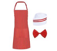 JIHUOO Costume da cameriere per adulti, rosso e bianco, a righe, grembiule, cappello da chef, papillon rosso, costume anni '50, costume per Halloween, cosplay, feste, 3 pezzi, rosso/bianco, mix
