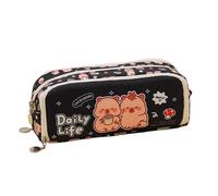 jiingekk Ampio astuccio in tela con cartoni animati, multi scomparto, da viaggio, per scuola, ufficio, cosmetici, articoli essenziali, per adolescenti, Nero