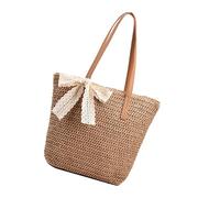 jiingekk Borsa di paglia fatta a mano per vacanze al mare e pendolarismo in città, leggera e pratica, con fiocchi borsa a tracolla con grande capacità amichevole borsa da spiaggia, cachi, One Size