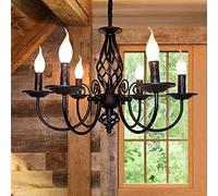 JIINOO Lampadario in Stile Country Tradizionale, Vintage Altezza Regolabile Candela Ferro Battuto Lampadario, 6 luci Agriturismo Classica del Pendente le Lampade per la Cucina, Sala da pranzo, Foyer