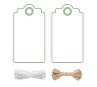 jijAcraft Etichette da regalo bianche con bordo verde chiaro: 5 x 9 cm in carta kraft da scrivere, 100 etichette con foro e spago per matrimonio, comunione, Natale