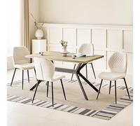 JIJIAN Set da Pranzo con Tavolo da Pranzo in Legno Chiaro e 4 Sedie Beige, Tavolo da Pranzo Rettangolare di 140x80x76 cm con 4 Sedie da Pranzo in Lino a Design Ergonomico, per Soggiorno, Cucina
