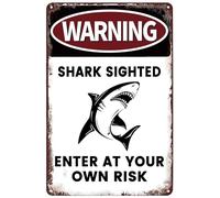 JIKSJVNA Divertente cartello di avvertimento in metallo con squalo avvistato Enter at Your Own Risk con grafica pericolosa in metallo, decorazione per piscina all'aperto, 30,5 x 20,3 cm