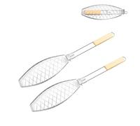 Jilskl 2 Pezzi Cestino Grigliare Il Pesce, Supporto per Barbecue con Manico in Legno, Griglia a Pinza per Il Pesce Cesto, Adatto all'Uso Esterno, per Barbecue e Griglie (63 x 12 cm)