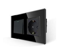 JIMEIDA Interruttore della luce con presa Schuko nero, da incasso, 1 scomparto a 1 via, con piastra in vetro, moderno interruttore a bilanciere in cristallo, con punti fluorescenti, 10 Amp, 250 V