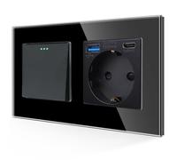 JIMEIDA Interruttore della luce con presa USB nero, USB A e porta tipo C max. 3.1A, 1 scomparto 1 via con piastra in vetro, moderno interruttore a bilanciere in cristallo, interruttore da parete, 10 A